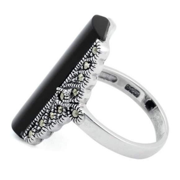 925 STERLING SILVER Tall Black Onyx & Marcasite Ring - Picture 14 of 15